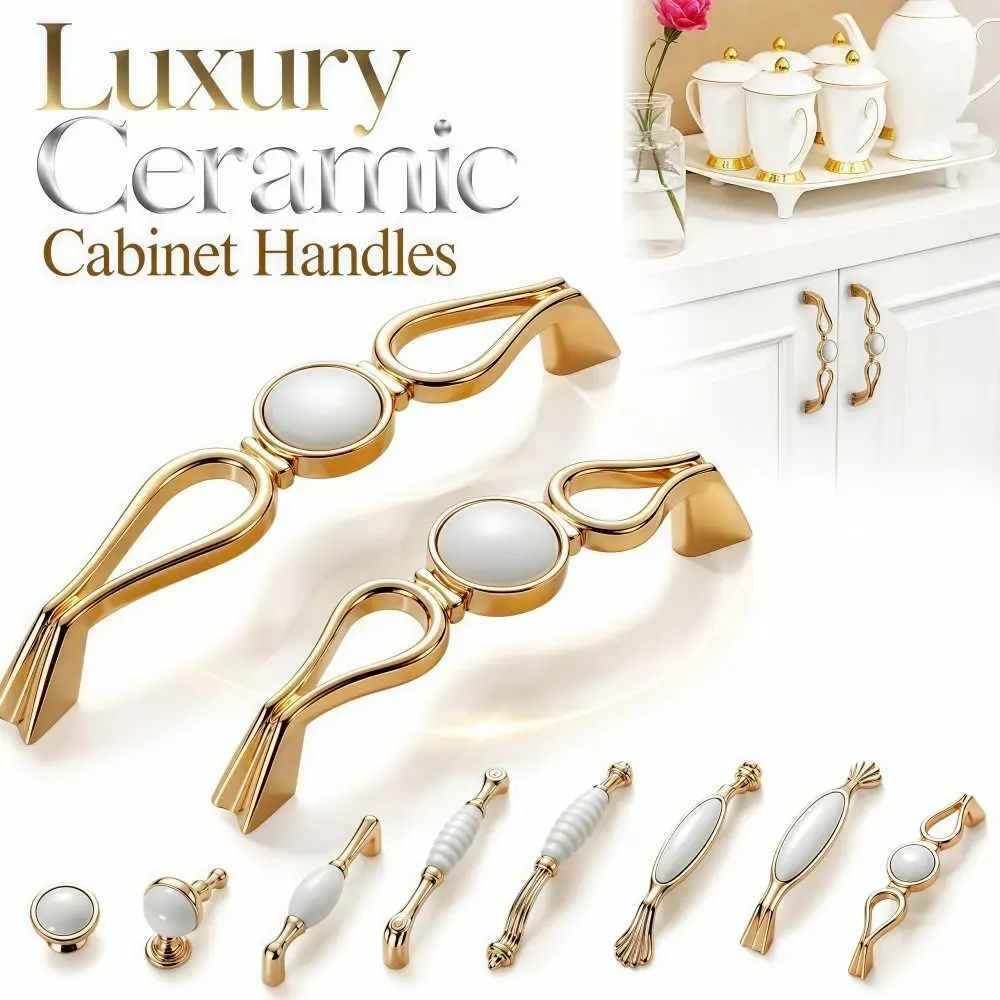 Elegant Ceramic Cabinet Handles 96mm 128mm Zinc Alloy Gold Drawer Pulls Smooth Vintage Cabinet Door Knobs Furniture Hardware