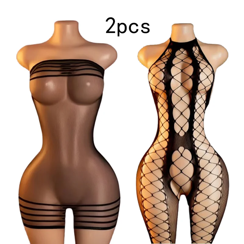 2-Piece Sexy Lingerie Bodysuit Set: Cut-out Lace-up Off-Shoulder Bodysuit and Seductive Mesh Lingerie
