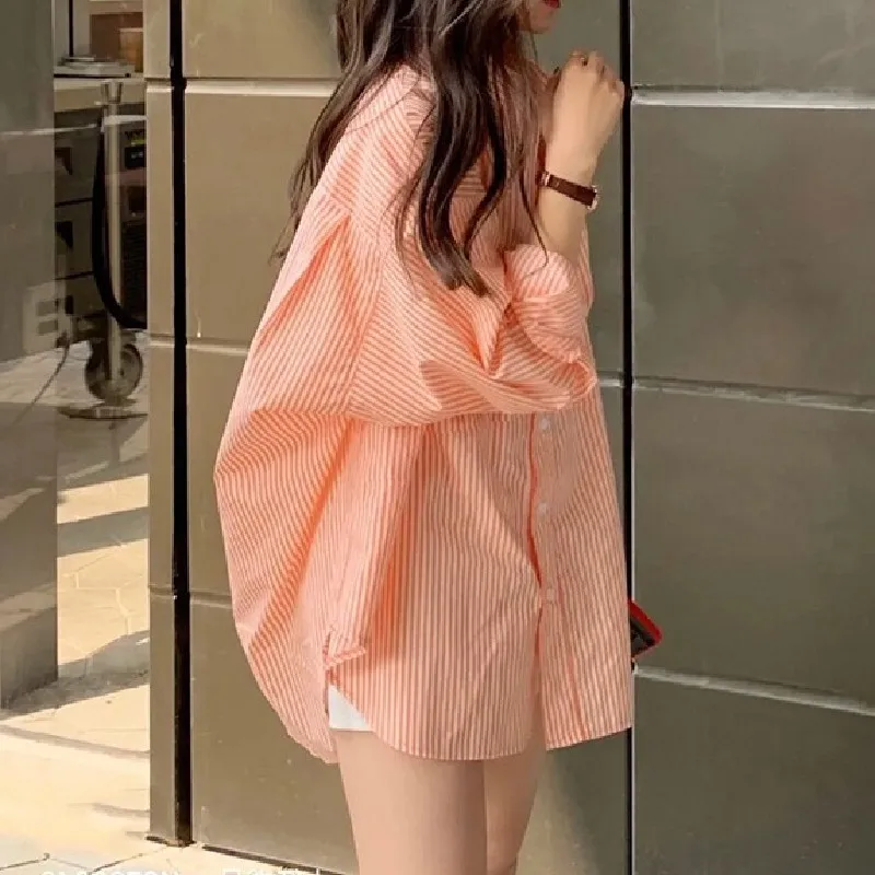 2024 spring and summer new style Design Sense French niche orange top striped shirt for women Leisure Versatile PDDX