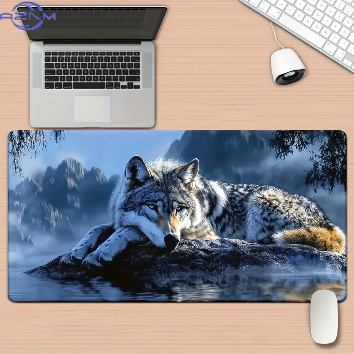 Wild Wolf Mountain Landscape Gaming Mouse Pad, Nature Forest Animal Print Waterproof Stitched Lock Edge Extra Large Desk Mat