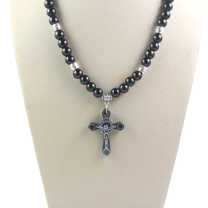 8mm Vintage Herren Schwarz Gallenstein Runde Perle Kreuz Anhänger Halskette Religiöse Lange Pullover Kette Kleidung Zubehör – Detail 4