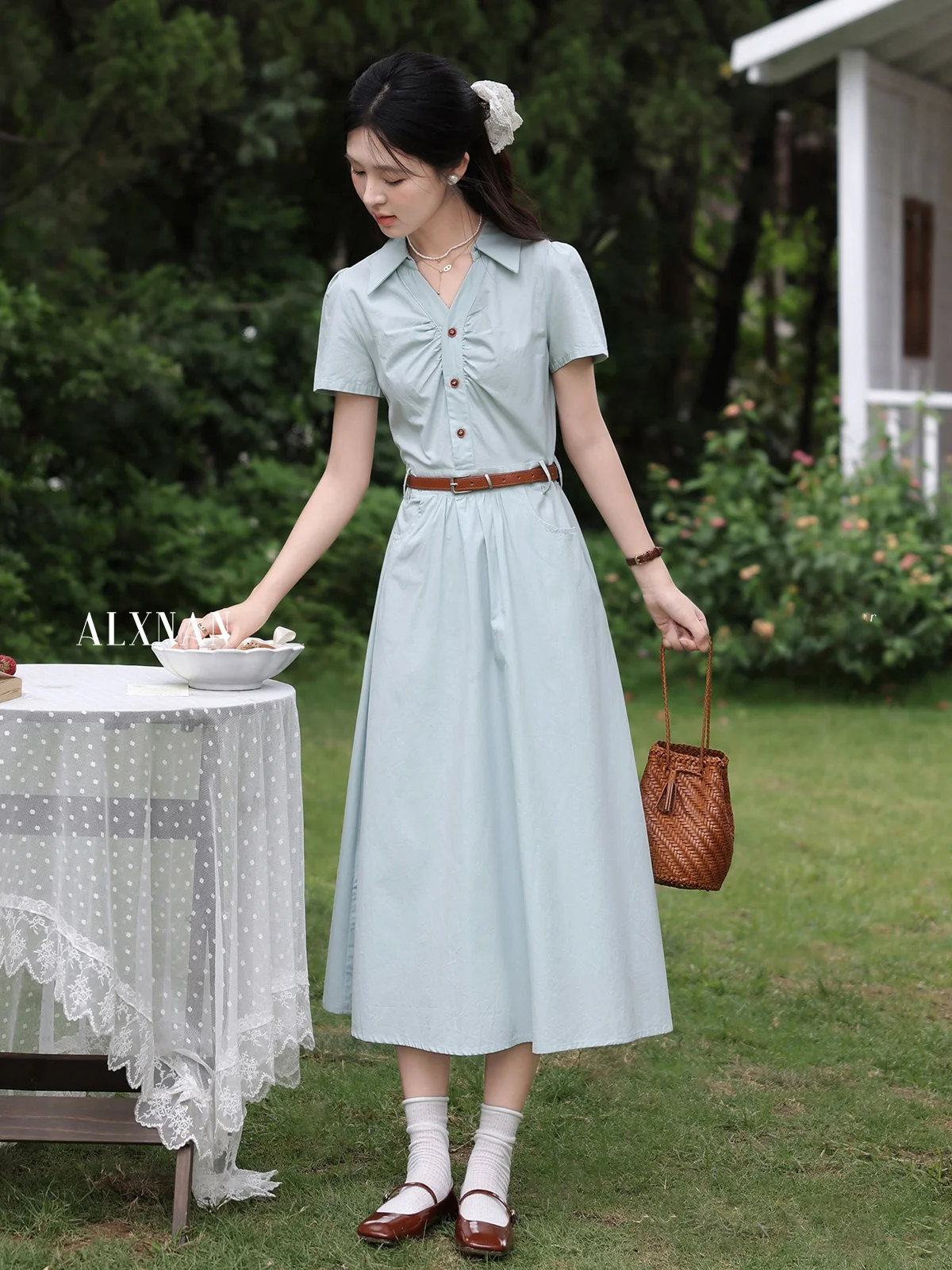 Ele Sweet Waist ort Sve Dr 女性用サマーロングスカート Aラインシルエット Vネック 花柄プリント カジュアルシックファッション