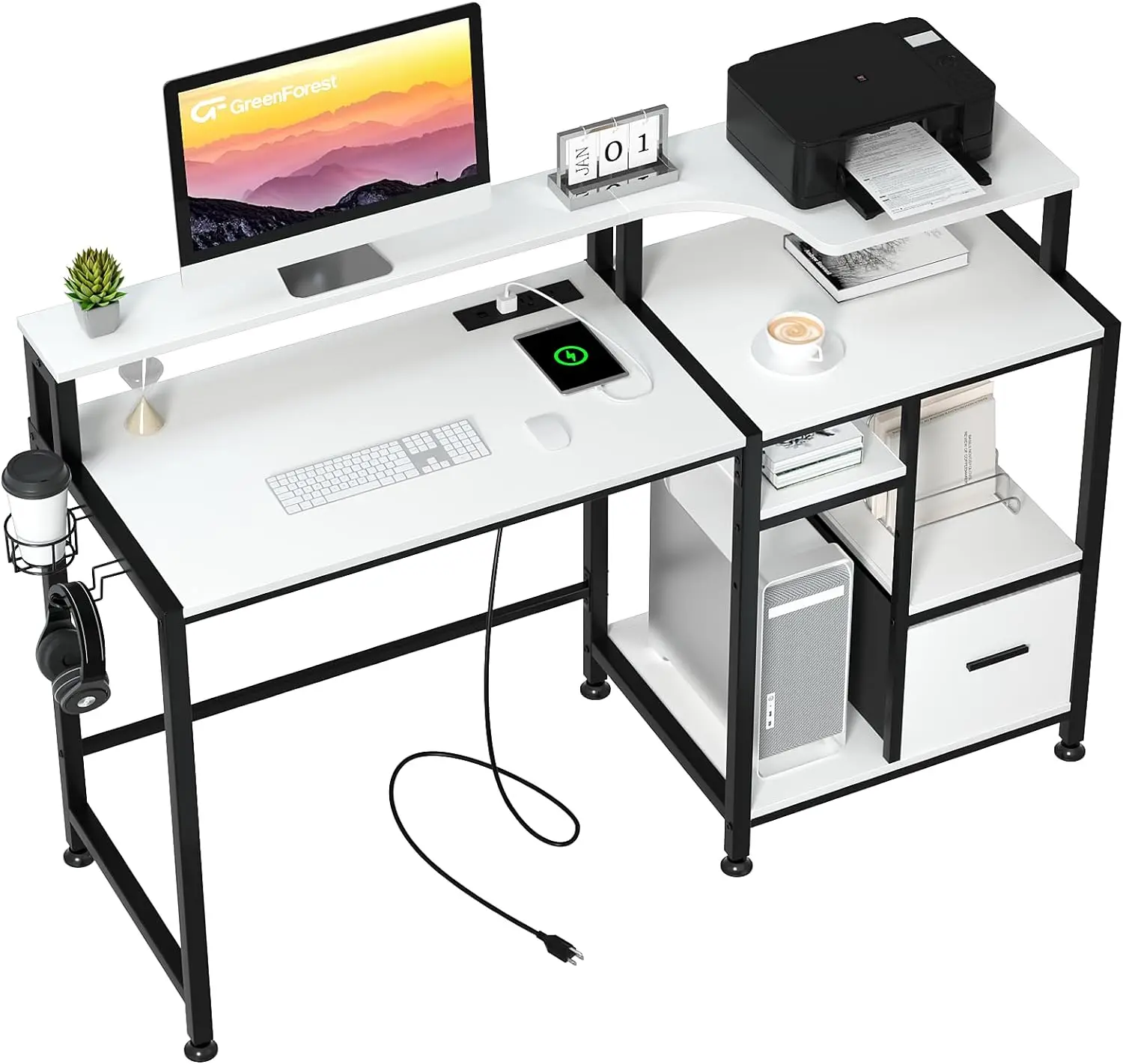 GreenForest Mesa do Computador com Gavetas e Tomada de Energia, 55 "Mesa com Prateleira de Impressora, Suporte do Monitor, Mesa de Trabalho