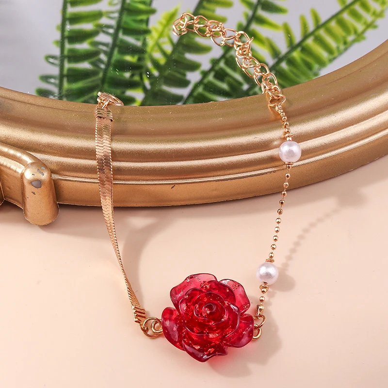 Aihua Koreanischer Stil Perlen-Rote-Rose-Blumen-Armband für Frauen Trendiges Rosen-Charm-Armband Weibliches Geburtstagsgeschenk – Detail 2