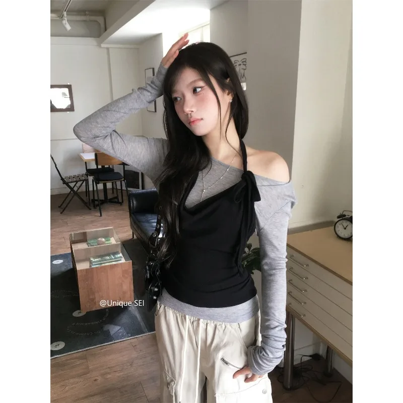 2026 Spring New Streetwear Off Shoulder Sexy Long-Sleeved T-Shirt Women + Lace-up Black Camisole Two-Piece Suit