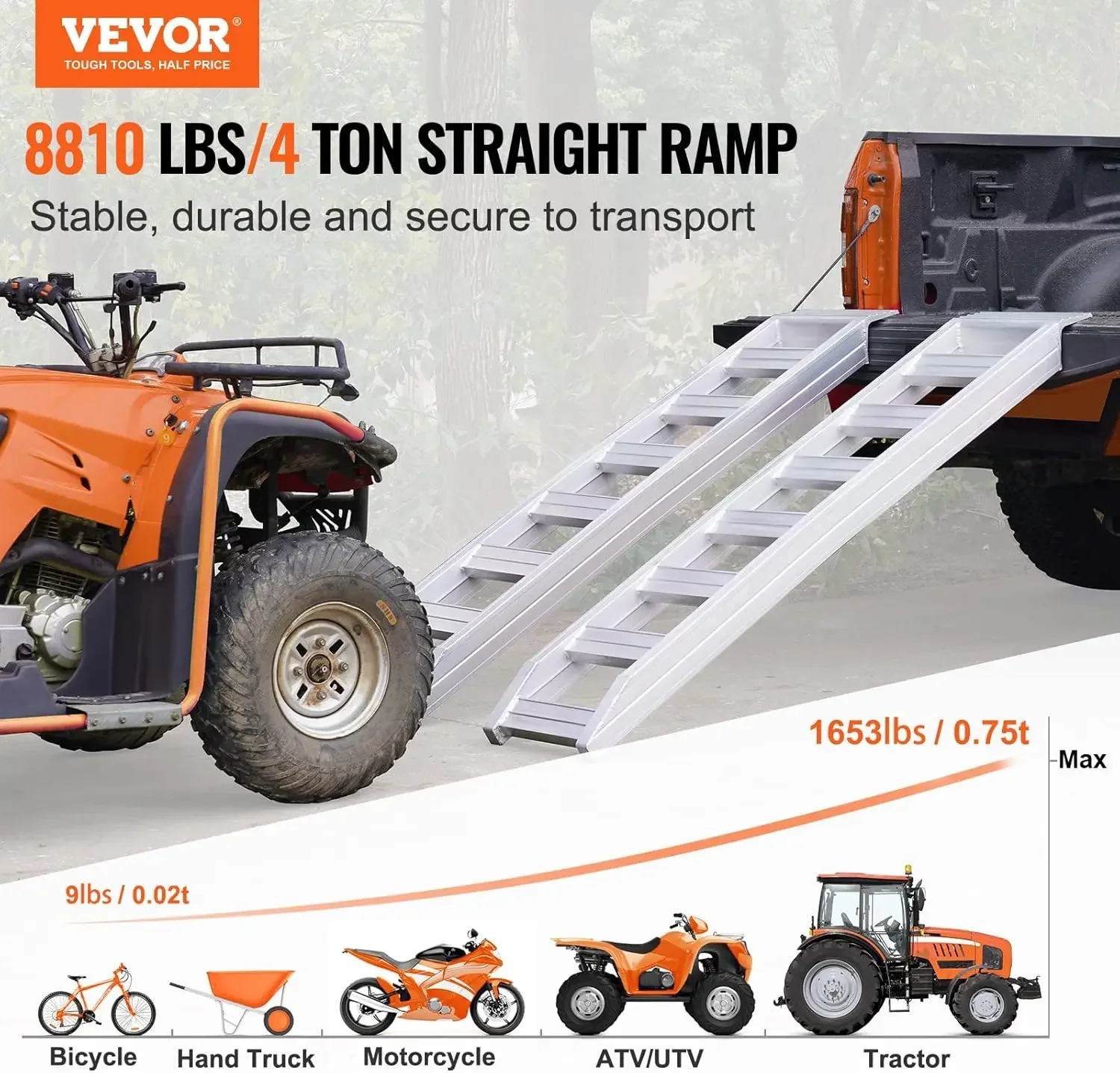 Aluminum Ramps, 8810 lbs, Heavy-Duty Ramps with Top Hook Attaching End, Universal Loading Ramp for Motorcycle, Tractor