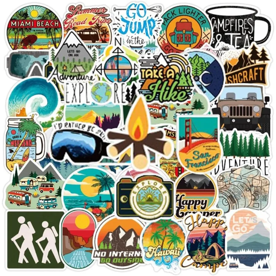 50 قطعة من ملصقات المغامرة الخارجية للطبيعة والمشي لمسافات طويلة والتخييم والسفر شارات الفينيل المقاومة للماء مثالية لزجاجات المياه B #1