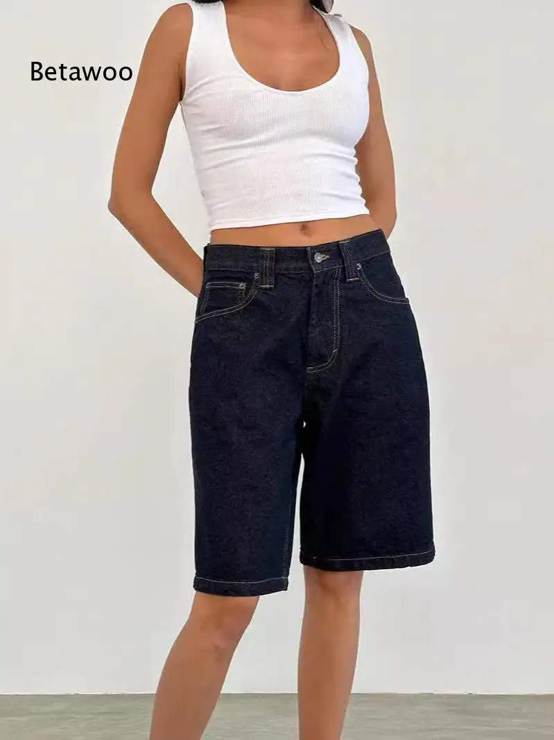 Gradient Black Washed Loose Straight Denim Bermuda Shorts Mid Rise Knee Length Women Casual Jeans view 4