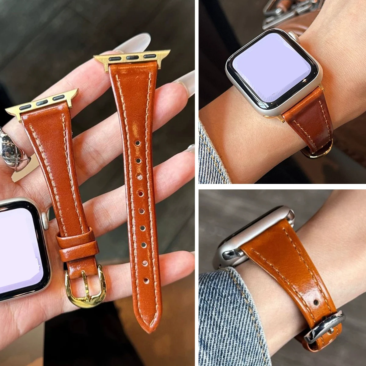 Schlankes Lederarmband für Apple Watch Band 44 mm 40 mm 41 mm 42 mm 46 mm 49 mm Handgelenk Damenarmband IWatch Serie 11 10 9 8 7 SE Ultra 3