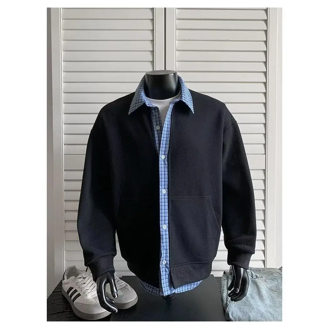 

Loose Men's Cardigan Sweatirt ey Stand Collar Jaet Heavyweight American Retro Sle Casual Long Sve Autumn Winter Si...