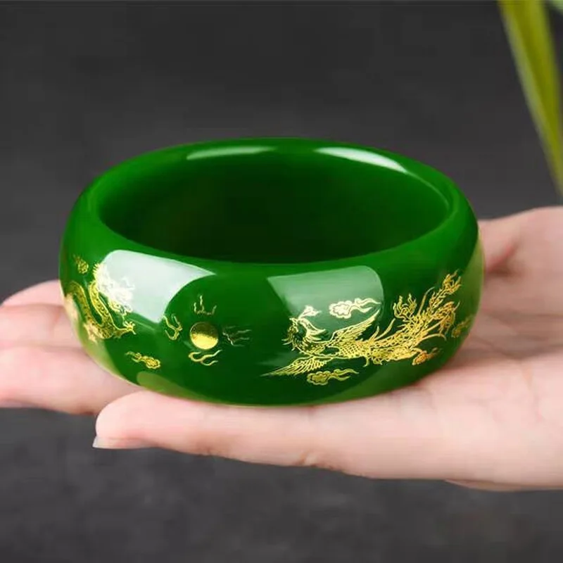 Xinjiang Gold Inlay, Spinach Green Dragon Phoenix Motif, White Jade Women's Bracelet with Heart Sutra and