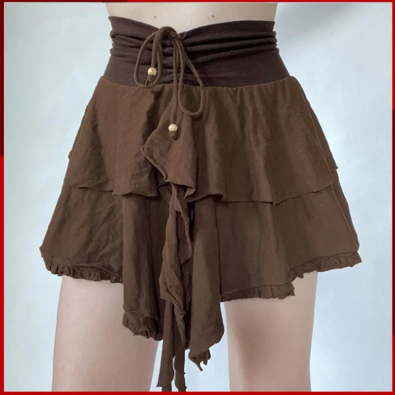 2024 Summer New Irregular Drawstring High Waist Skirt for Women Solid Color Retro American Court Style Cake Skirt