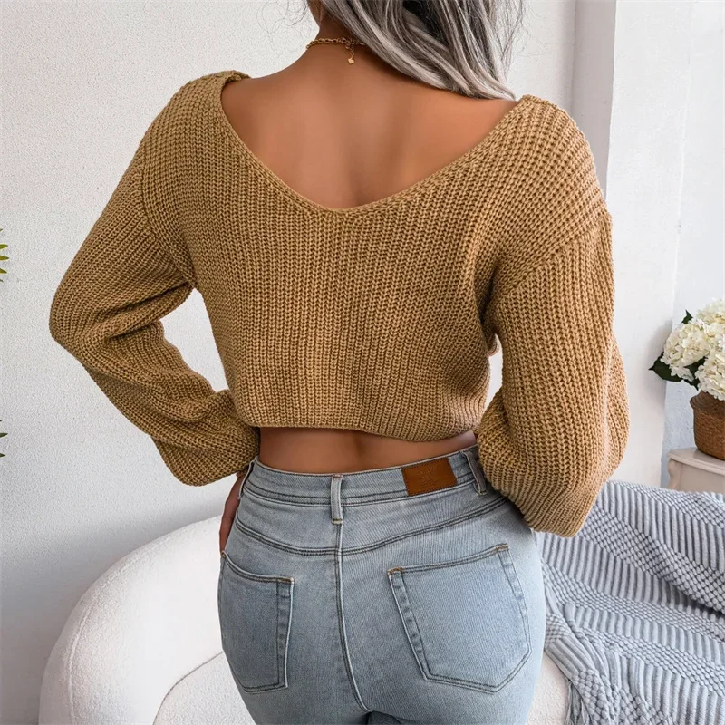 2024 Fashion Crossover Knot Short Sweater Spring Autumn Lantern Sleeves Slim Fit Jumpers Female Casual Solid Color Knitted Tops