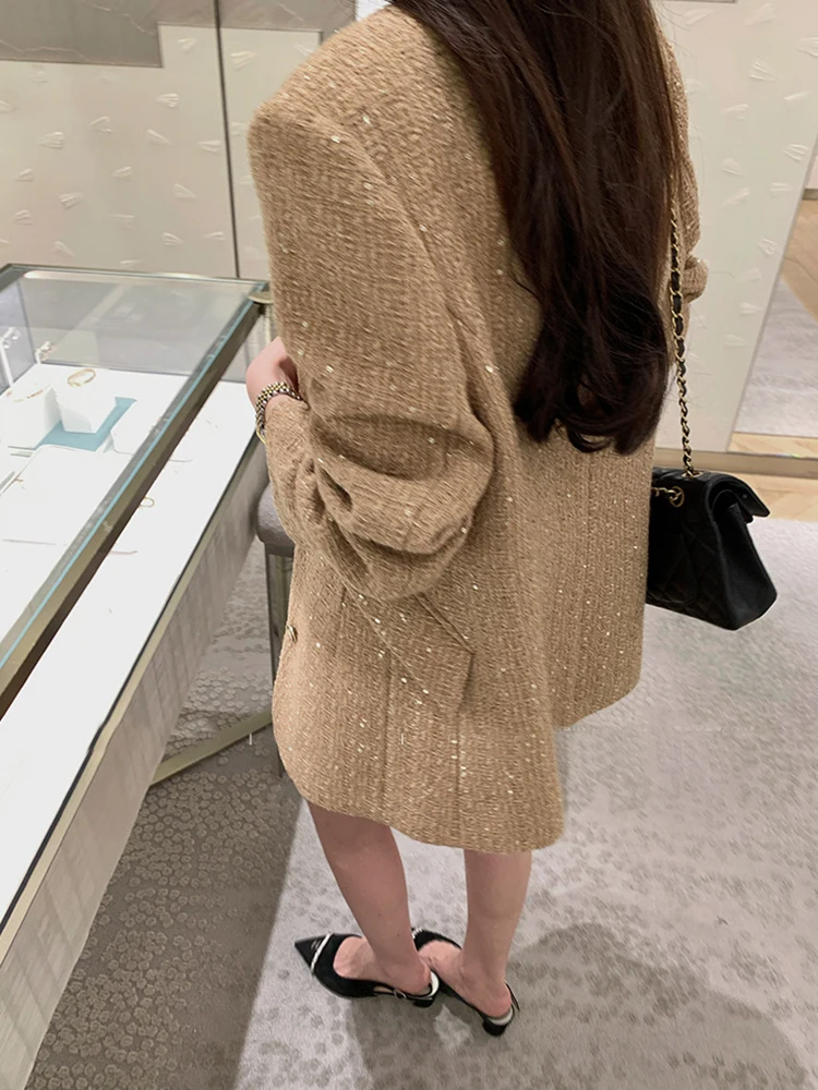 Autumn New Jacket Blazer Women's Short Round Neck Top Coff Wool Blazer Coat for Women Long Sleeves Single Breasted Jacket Women