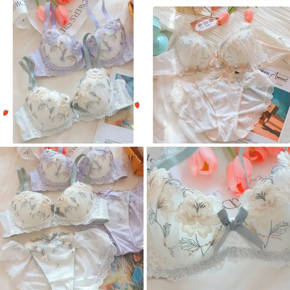 

2024 New Lolita Floral Lace Bra & Panty Set, Sweet Steel Ring Underwire Bra with Matching Briefs