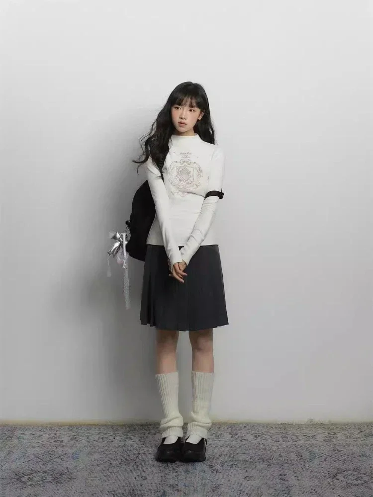 Y2K تي شيرت أبيض جرافيك للسيدات صيفي جديد عتيق Harajuku بأكمام طويلة نصف الياقة المدورة ملابس شارع عصرية كورية #4