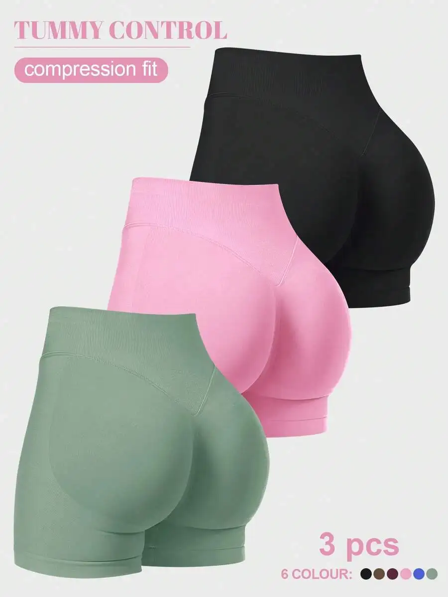 

3PCS Women High Waisted Seamless Scrunch Butt Lifting Yoga Shorts Tummy Control Compression Fit