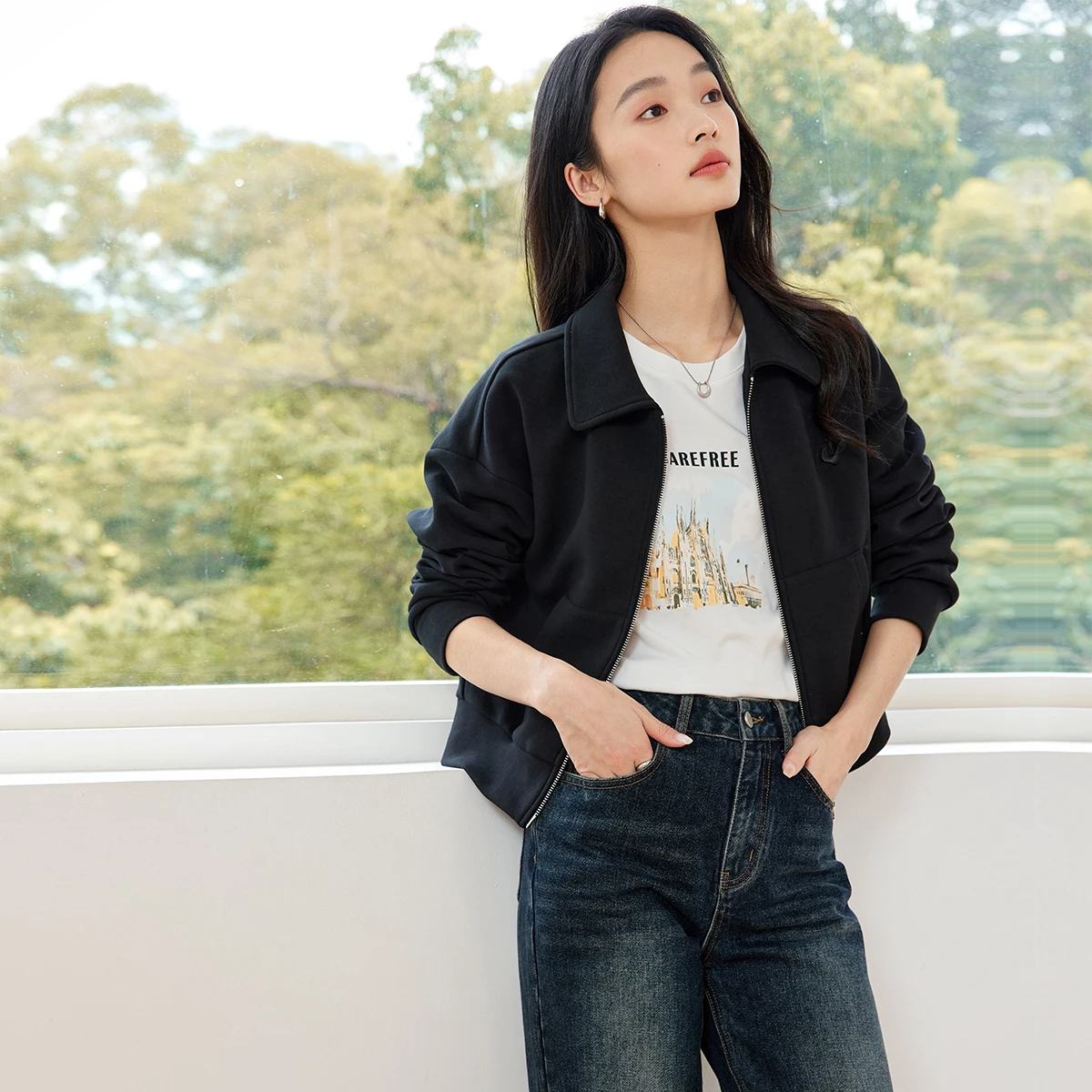 VIMLY, chaquetas cortas informales para mujer, otoño 2025, nuevos abrigos con diseño de cremallera, prendas de vestir de punto de manga larga lisas simples para mujer M8608