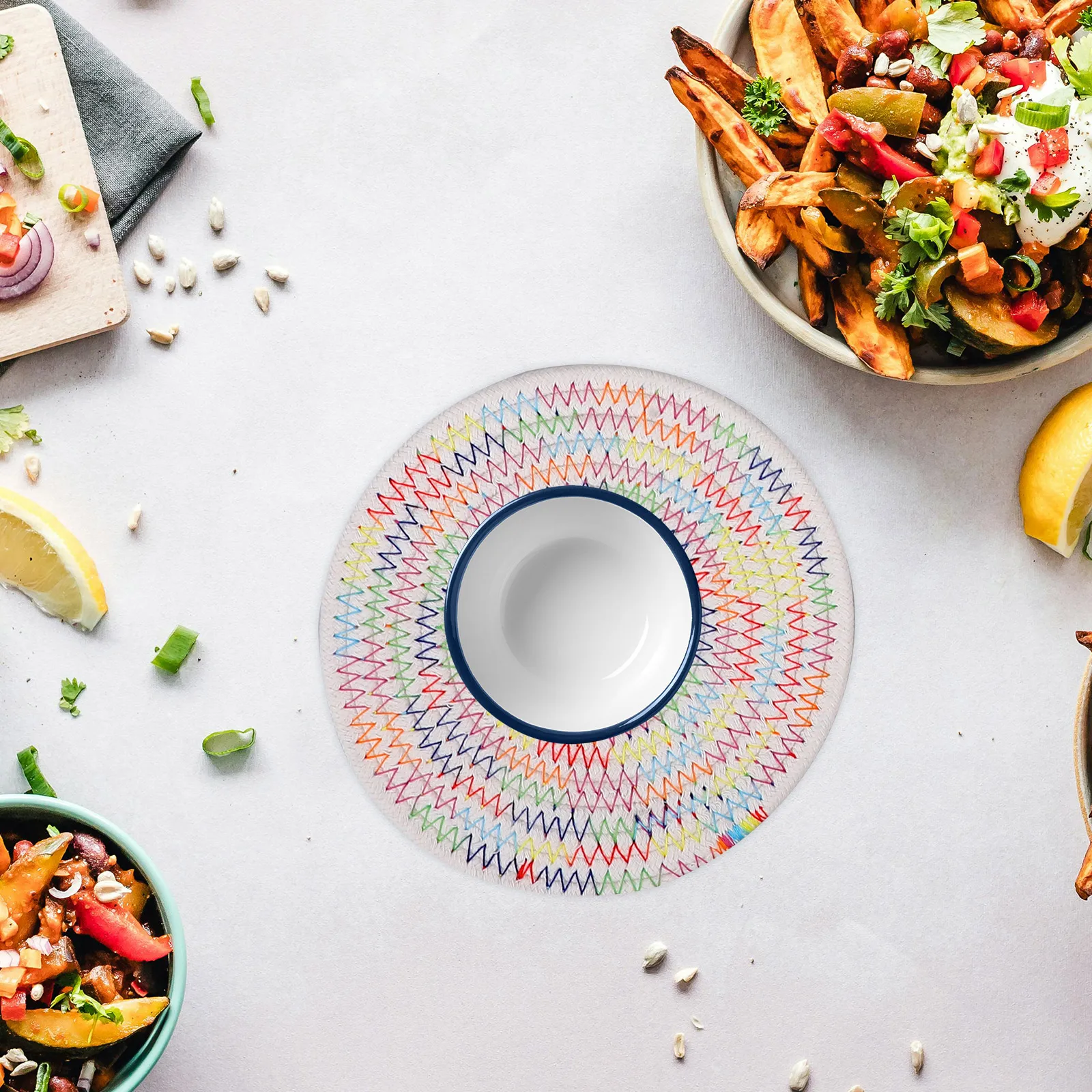 

6Pcs Cotton Placemats and Coasters Woven Round Design Absorbent Drink Pads for Tabletop Use in Kitchen Cafe Hotel Home Office