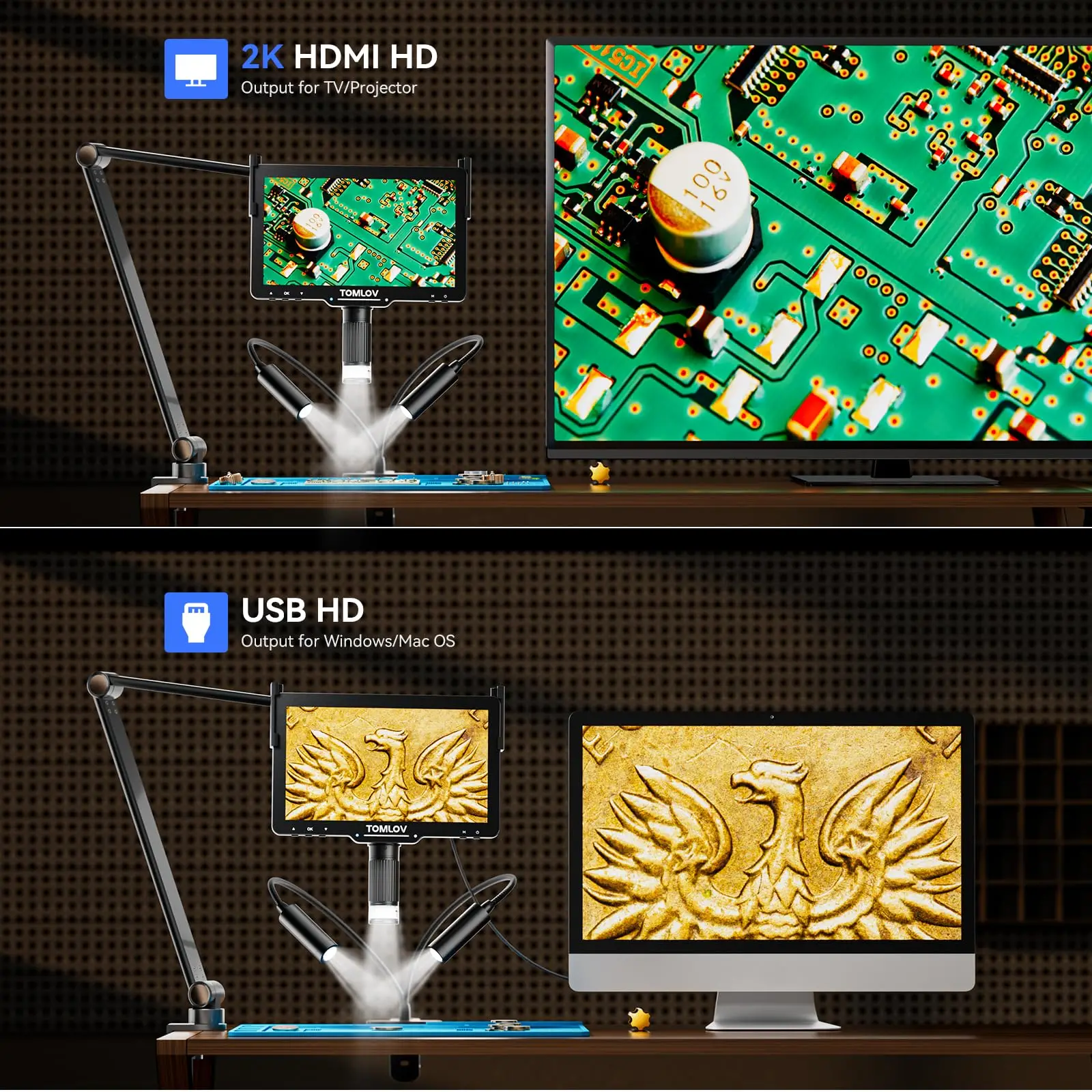 Imagem -04 - Tomlov Microscópio Digital Hdmi 2000x Dm501pro Braço Flexível 2k 10.1 Microscópios Eletrônicos para Solda 32g Câmera Microscópio