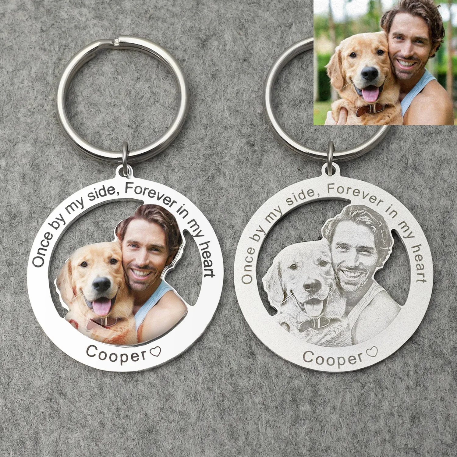 Personalized Dog Photo Keychain Customized Pet Portrait Key Chain Picture Keyring Engraved Name Pet Memorial Gift for Dog Lover