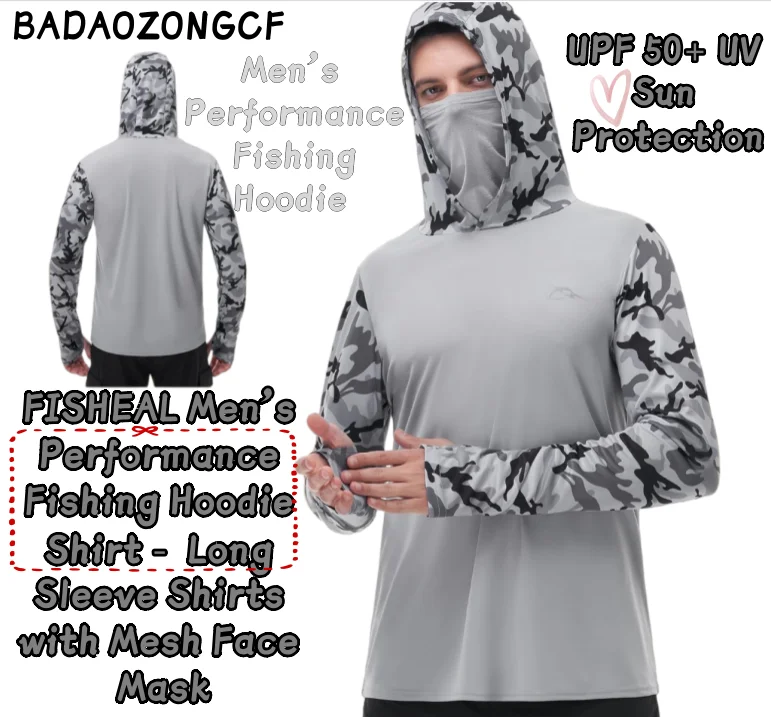 FISHEAL Men's Performance Fishing Hoodie Shirt - UPF 50+ UV Sun Protection Long Sleeve Shirts with Mesh Face Mask