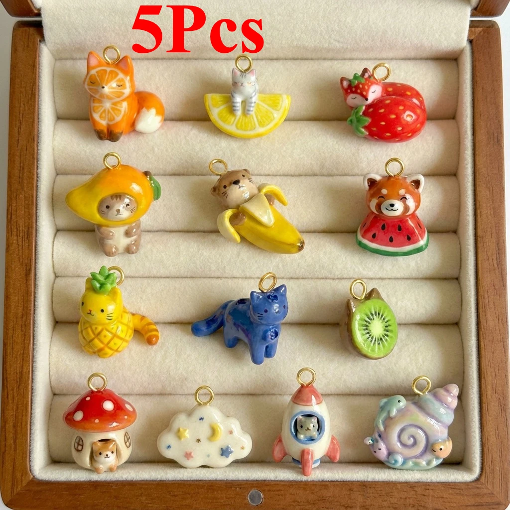 5pcs Cartoon Fox Cat Fruit Charms Pendant Enamel Preserved Stainless Steel for DIY Jewelry Necklace Bracelet Making Gift