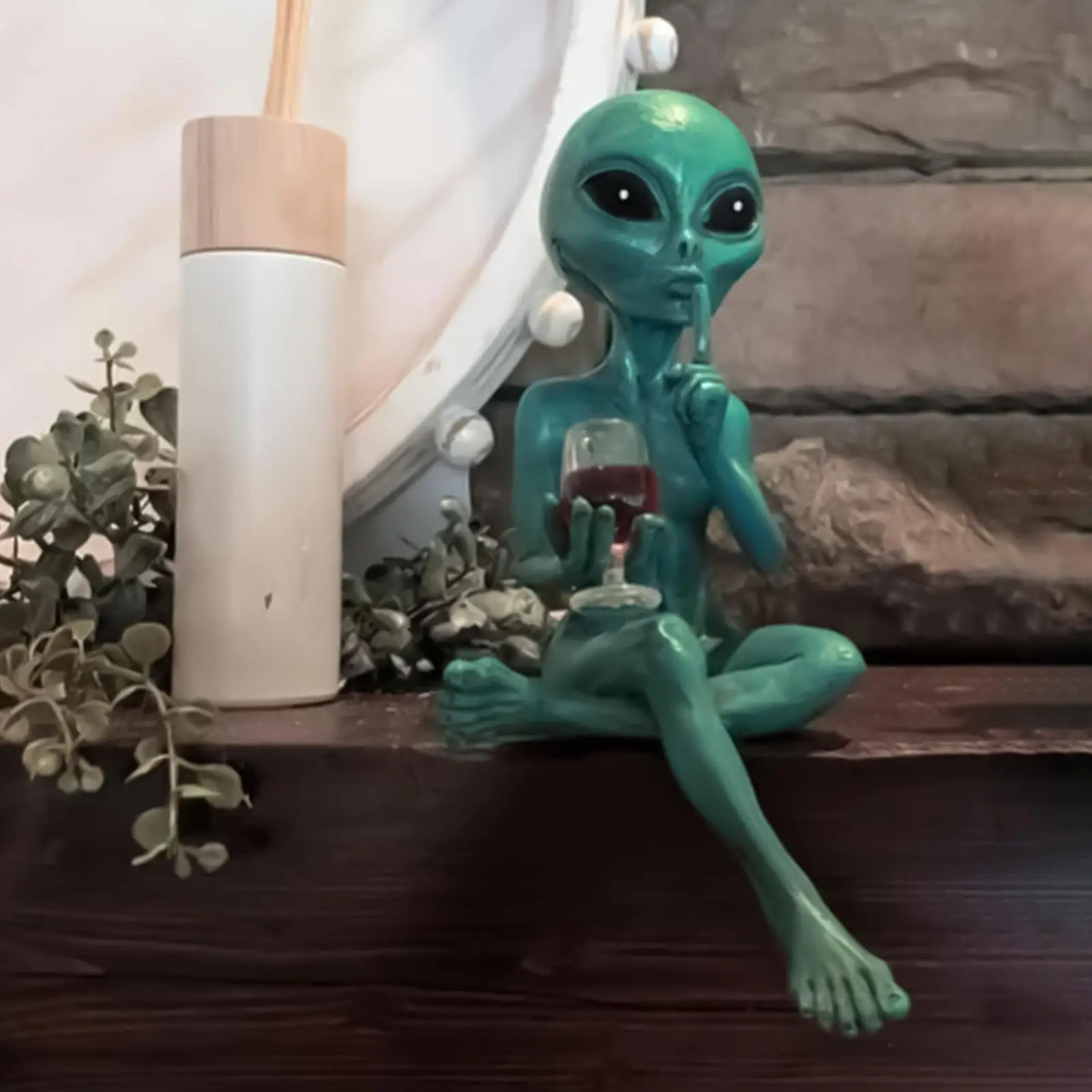 Alien Figurine Holding Wine Glass Funny Resin Statue Home Shelf Decor Quirky Gift for Halloween Party Unique Room Ornament
