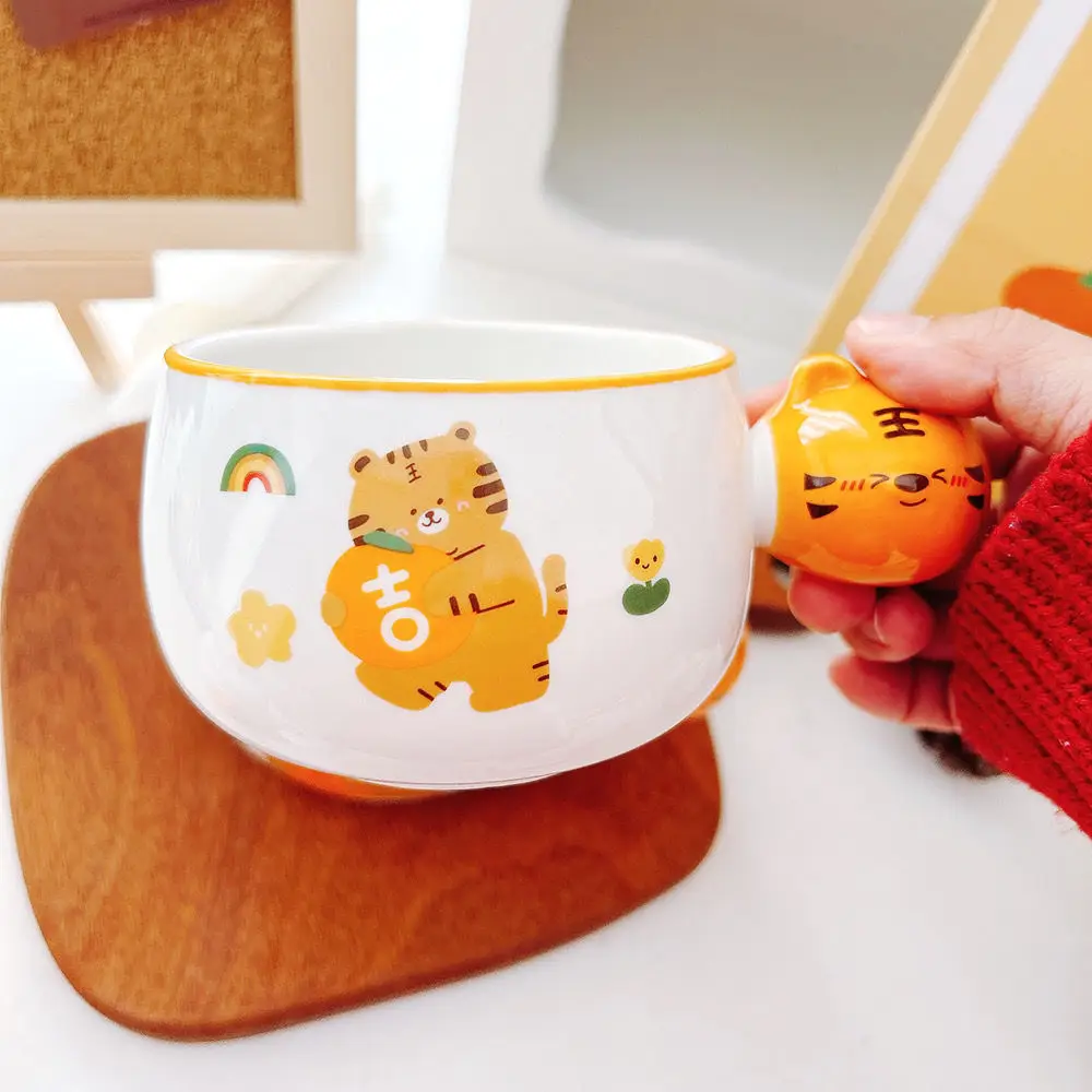 Little Tiger Handheld Ceramic Mug with Lid and Spoon Lid Home Cartoon Water Cup Breakfast Cup Cereals Cup Gift Drinkware