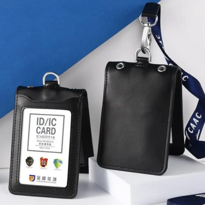 Genuine Leather Work Card Set ID Card Badge Holder Case Credit Bank Factory Name Clip Badge File Holder Aviation Tag Lanyard