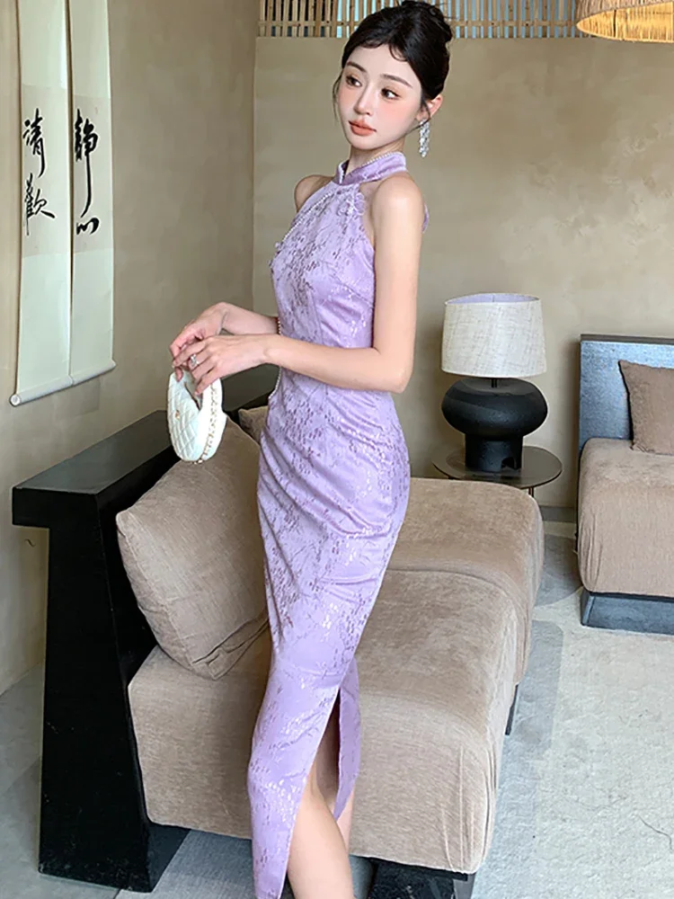 Robe longue de luxe pour femmes, tenue de soirée Chic, col montant, Vintage, coréenne, élégante, violet, Jacquard, diamants, été, 2025