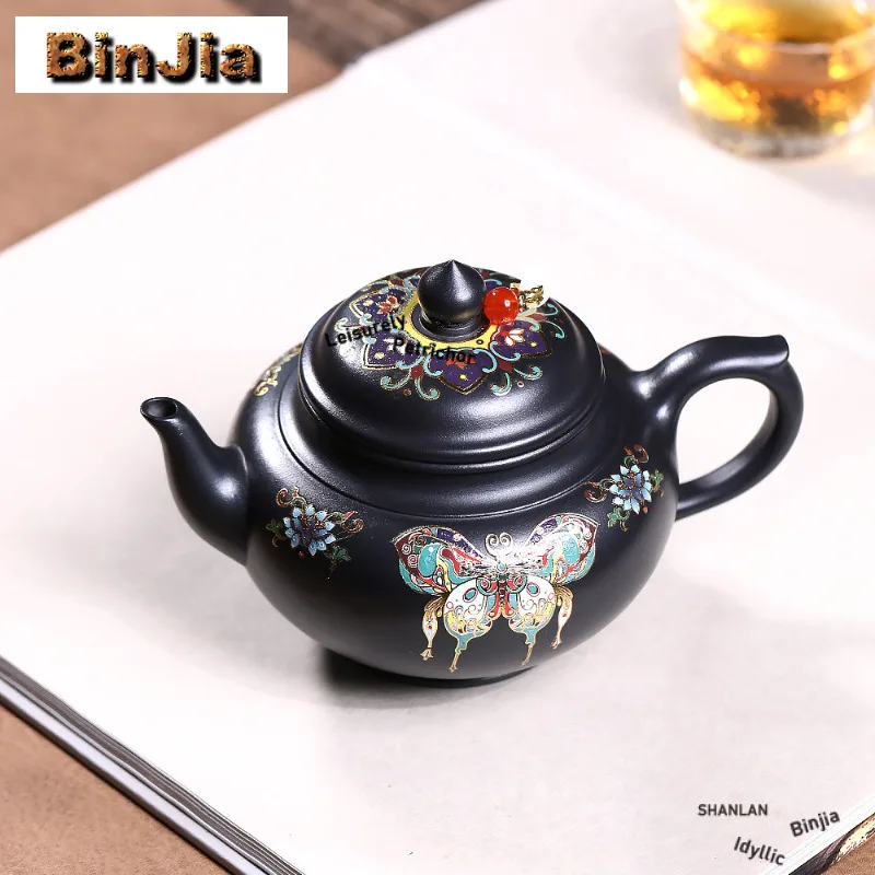 350ml Yixing Purple Clay Teapots Handmade Enamel Color Laughing Sakura Pot Raw Ore Iron Stone Yellow Mud Kettle Zisha Tea Set