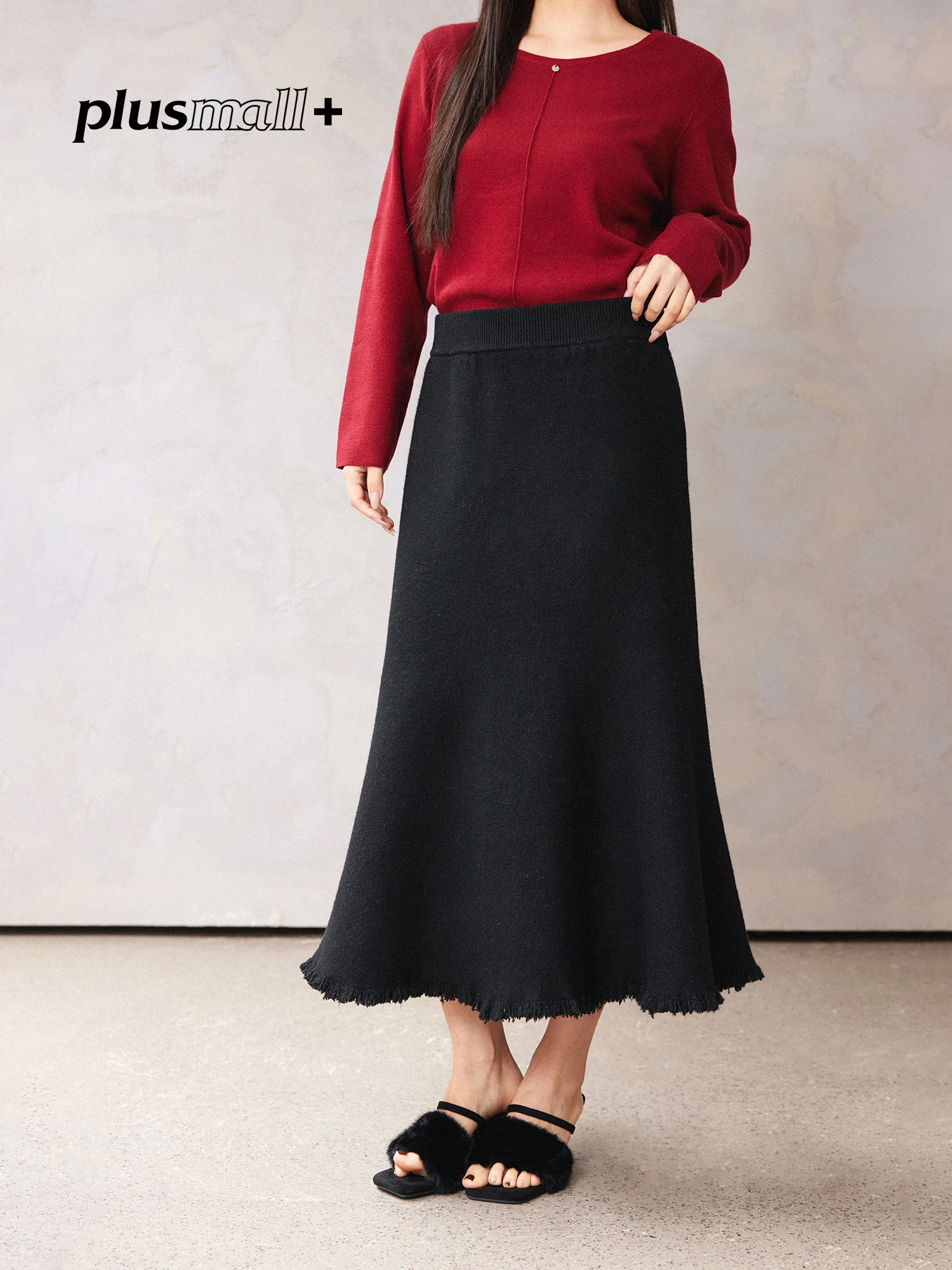 

Ele Wool Blend Knitted Fi Tail Skirt Hem Semi-Body Skirt Flowing adow Weave Moon Plusmall Winter Long Skirt