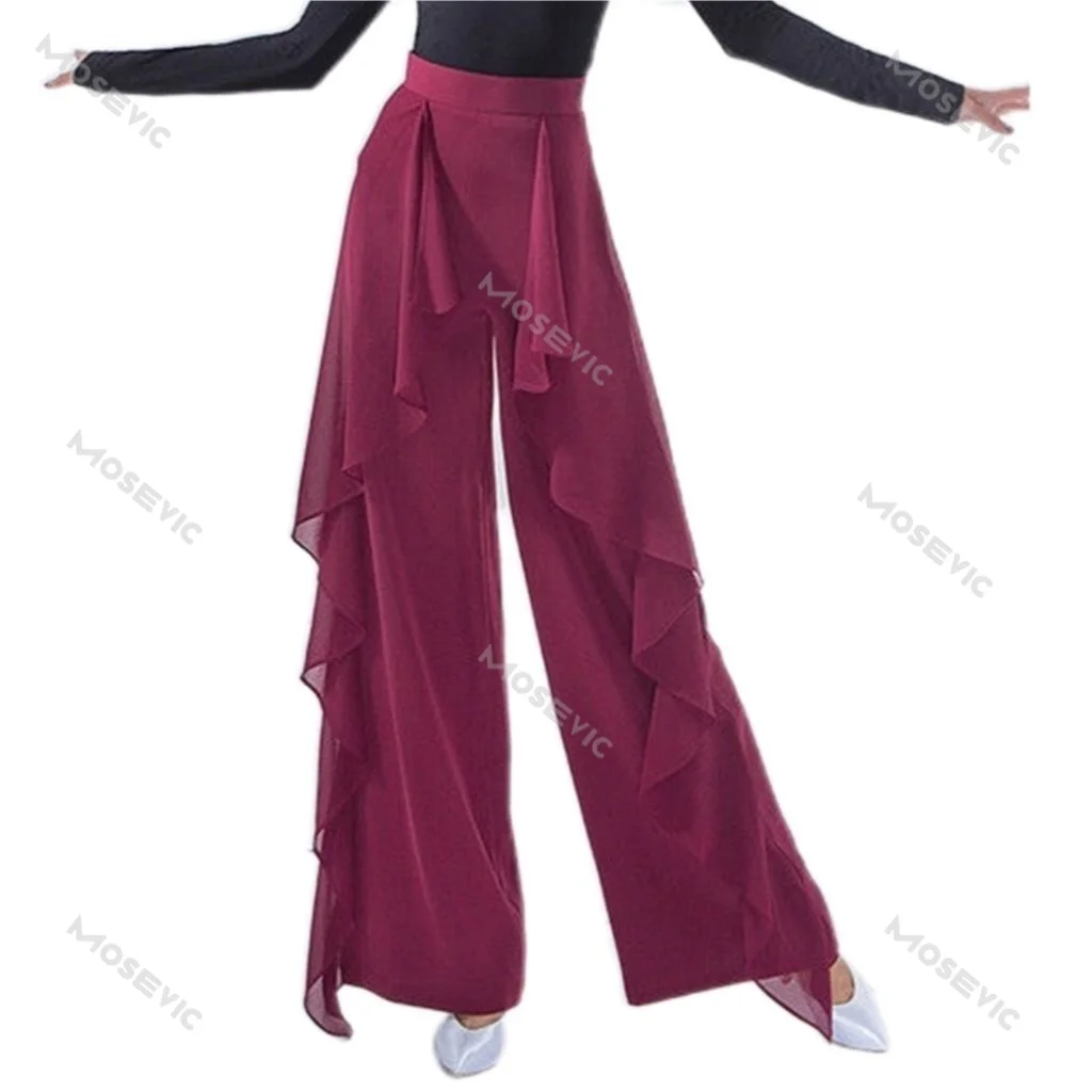 Pantalones de pierna ancha para mujer, pantalón de baile latino, cintura alta, volantes, baile moderno