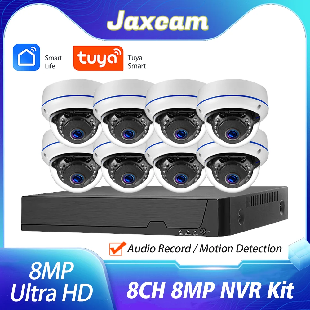 TUYA 4K Ultra HD sistema de videovigilancia POE grabadora NVR de 8 canales con cámara de seguridad de 8MP Kit CCTV grabación de Audio cámara Ip domo