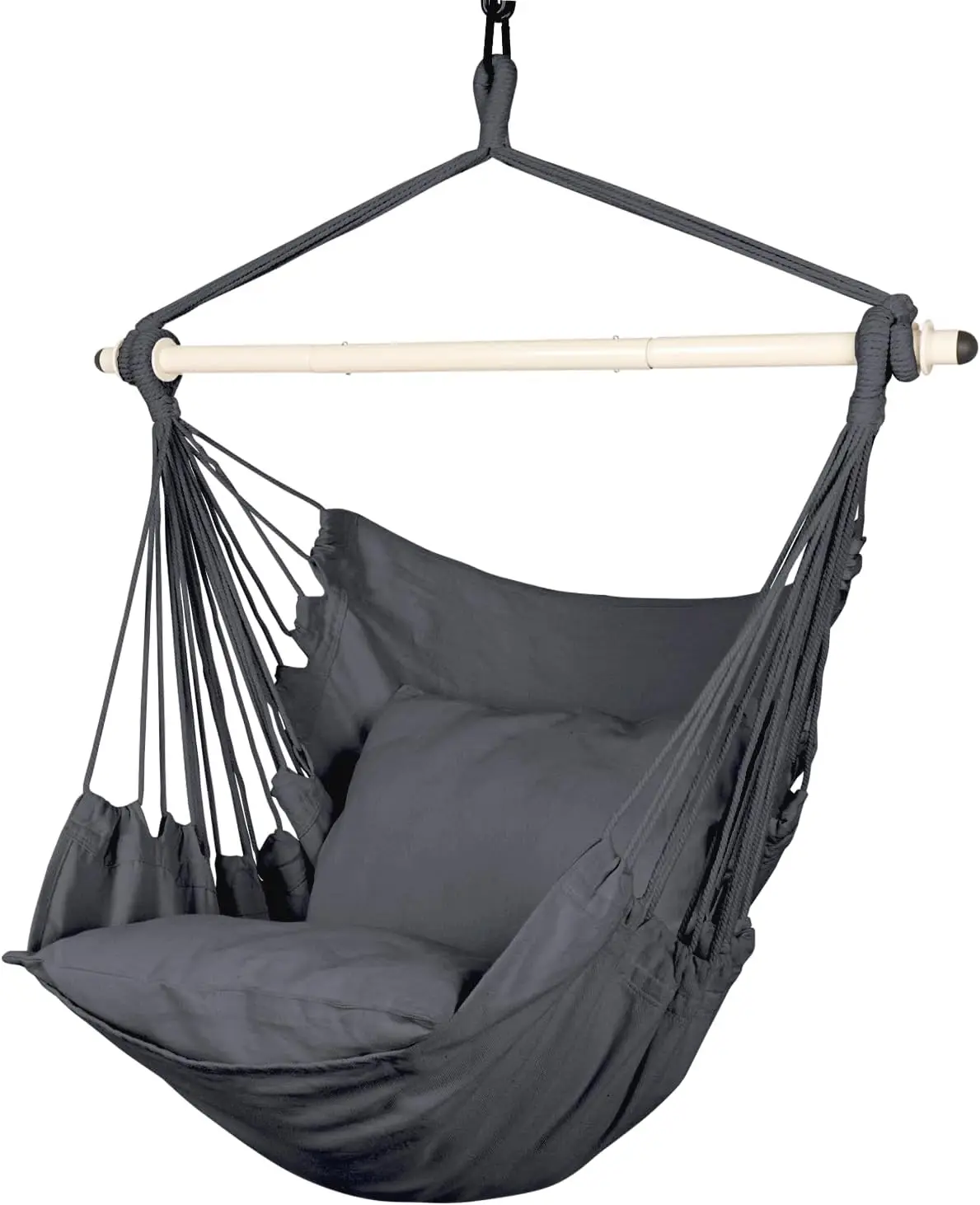 

Hammock Chair Hanging Rope Swing with 2 Cushions, Steel Spreader Bar, Anti-Slip Rings for Indoor or Outdoor Use (Grey)