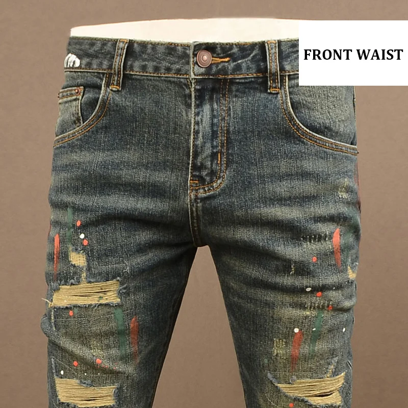 

Street Designer Fashion Men Jeans Retro Washed Stretch Slim Fit Ripped Jeans Men Painted Designer Hip Hop Vintage Denim Pants