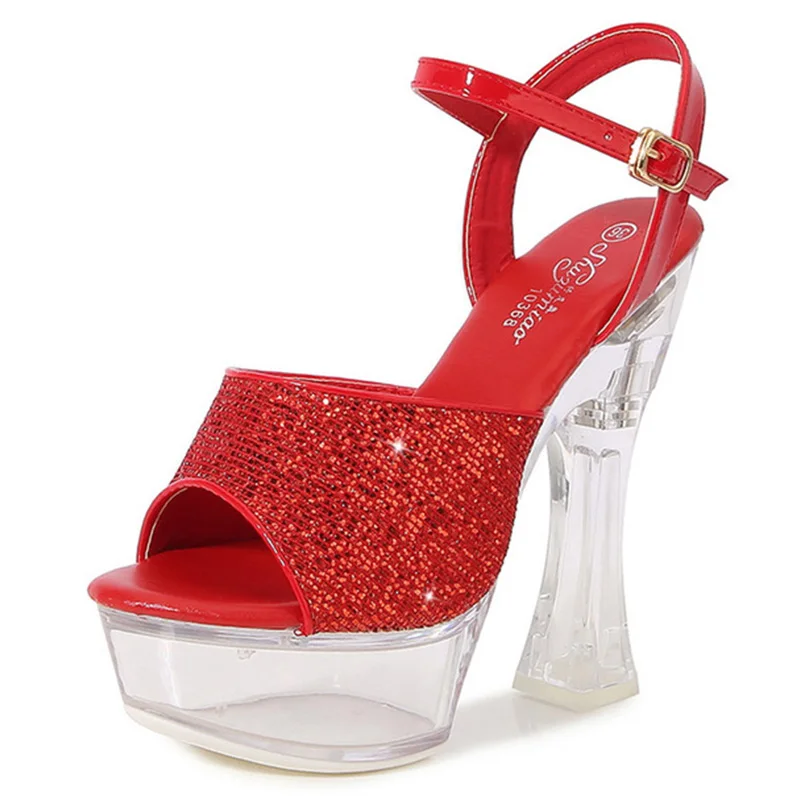 Zapatos de baile de tubo de acero para mujer, sandalias transparentes de cristal, tacón alto de 14,5 CM, Punta abierta, para club nocturno, boda