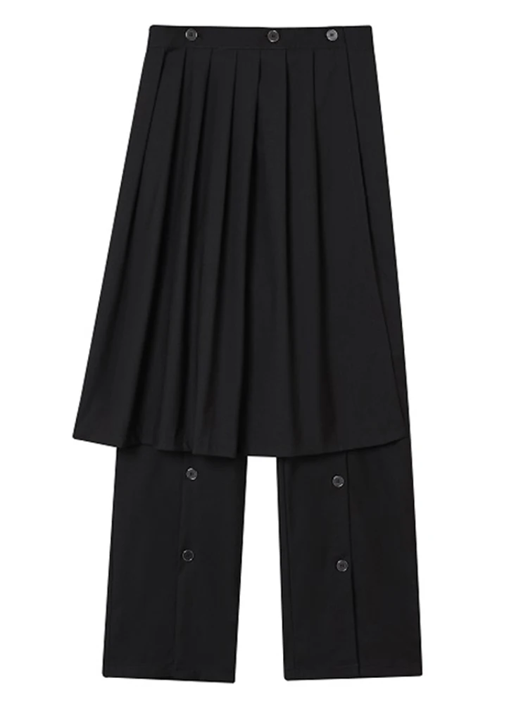 [EAM] High Elastic Waist Black Detachable Pleated Long Pants New Loose Fit Trousers Women Fashion Spring Autumn 2024 1DH0119