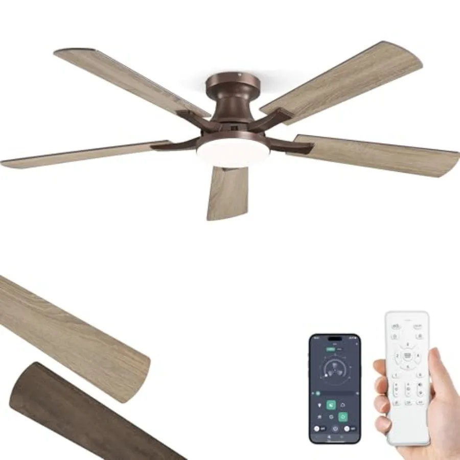 52 Inch Ceiling Fan with Light for Bedroom Living Room Apartment, Brown Wood-Grain Blades, Dimmable 20W LED Light, Quiet Revers