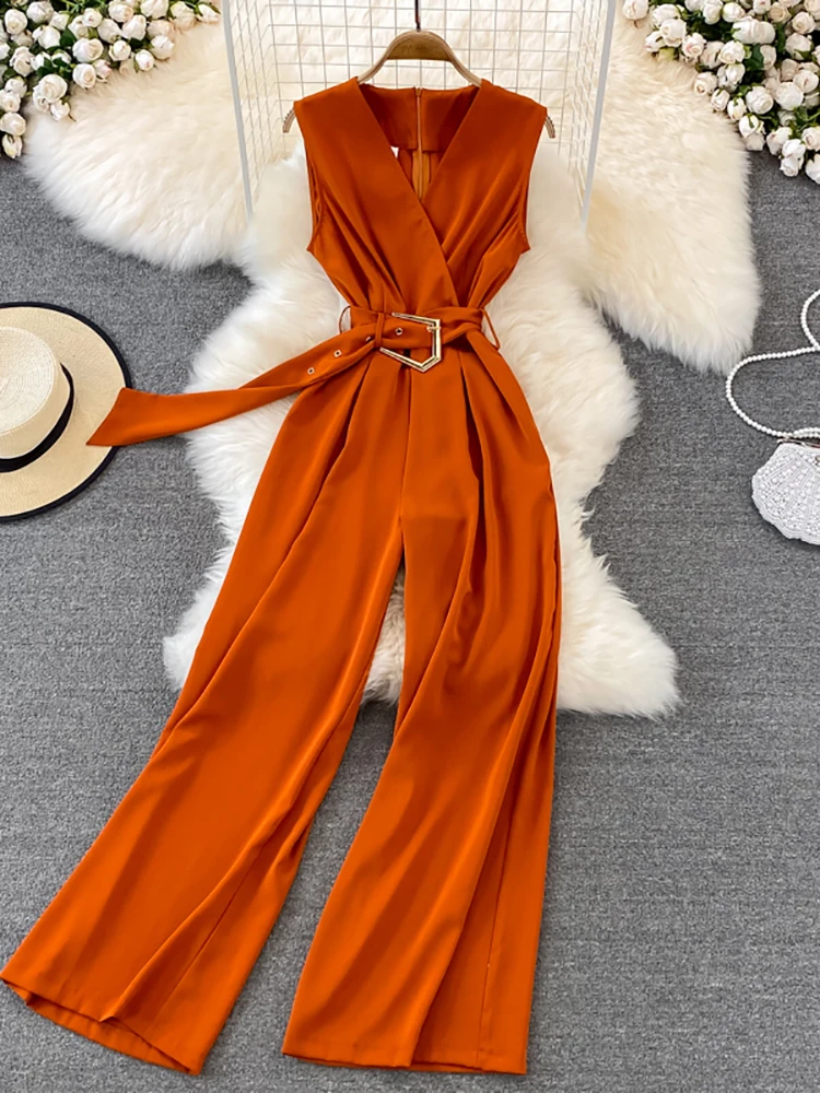 Summer Vintage V-Neck Sleeveless High Waist Jumpsuits Women Elegant Loose Wide Leg Romper With Sashes Female Playsuits New 2022