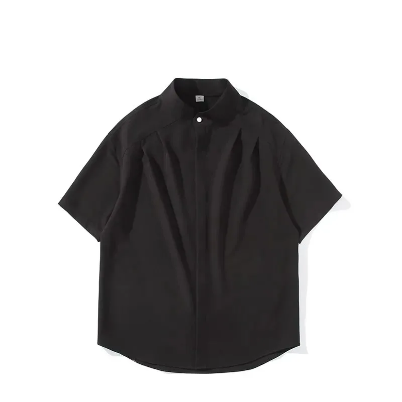 

Men's Oversize Stand Collar Short Sleeve Shirt Solid Color Casual Loose Top for Daily