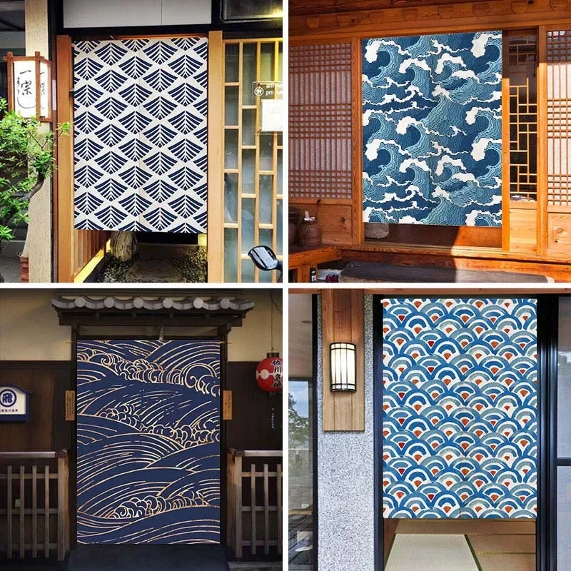 Ukiyo-E Great Wave Inspired Noren Curtain, Blue & White Japanese Tapestry, Privacy Screen For Living Room, Bathroom, Cafe