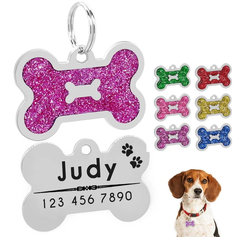 Dog Cat ID Tag Glitter psy koty wisiorek z imieniem tagi spersonalizowane obroża dla zwierząt akcesoria Anti-lost Bone & Paw tagi dla małych psów Cat