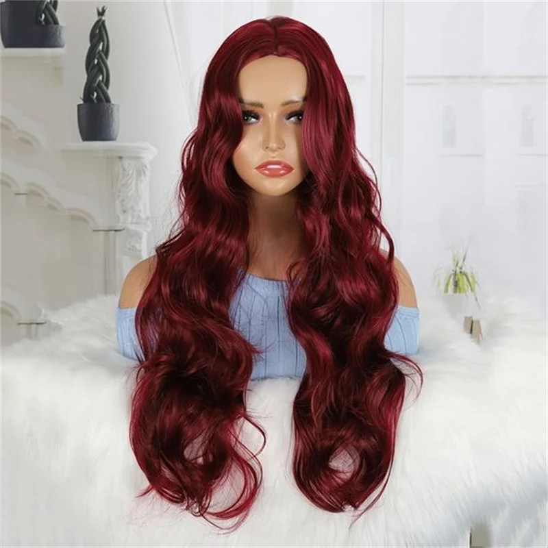 

180 Density Wine Red 26Inch Ocean Wave Lace Front Wig With BabyHair Heat Resistant Mached All SkinsBlack Glueless Preplucked