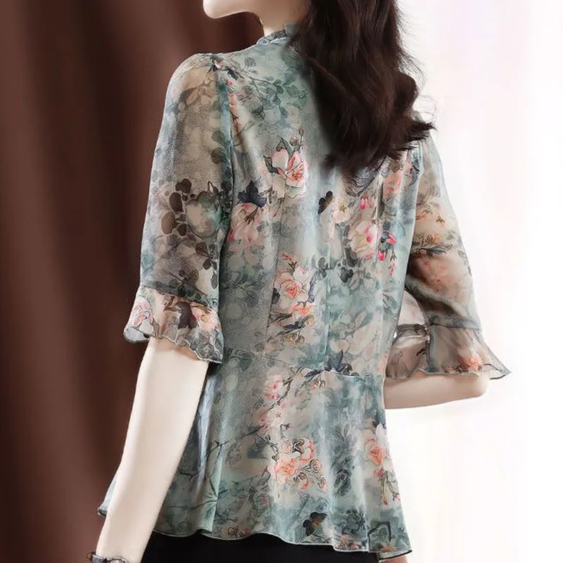 Elegant Ruffles Spliced Fashion Floral Chiffon Tops for Women Summer New All-match V-Neck Short Sleeve T-shirt Female Clothing