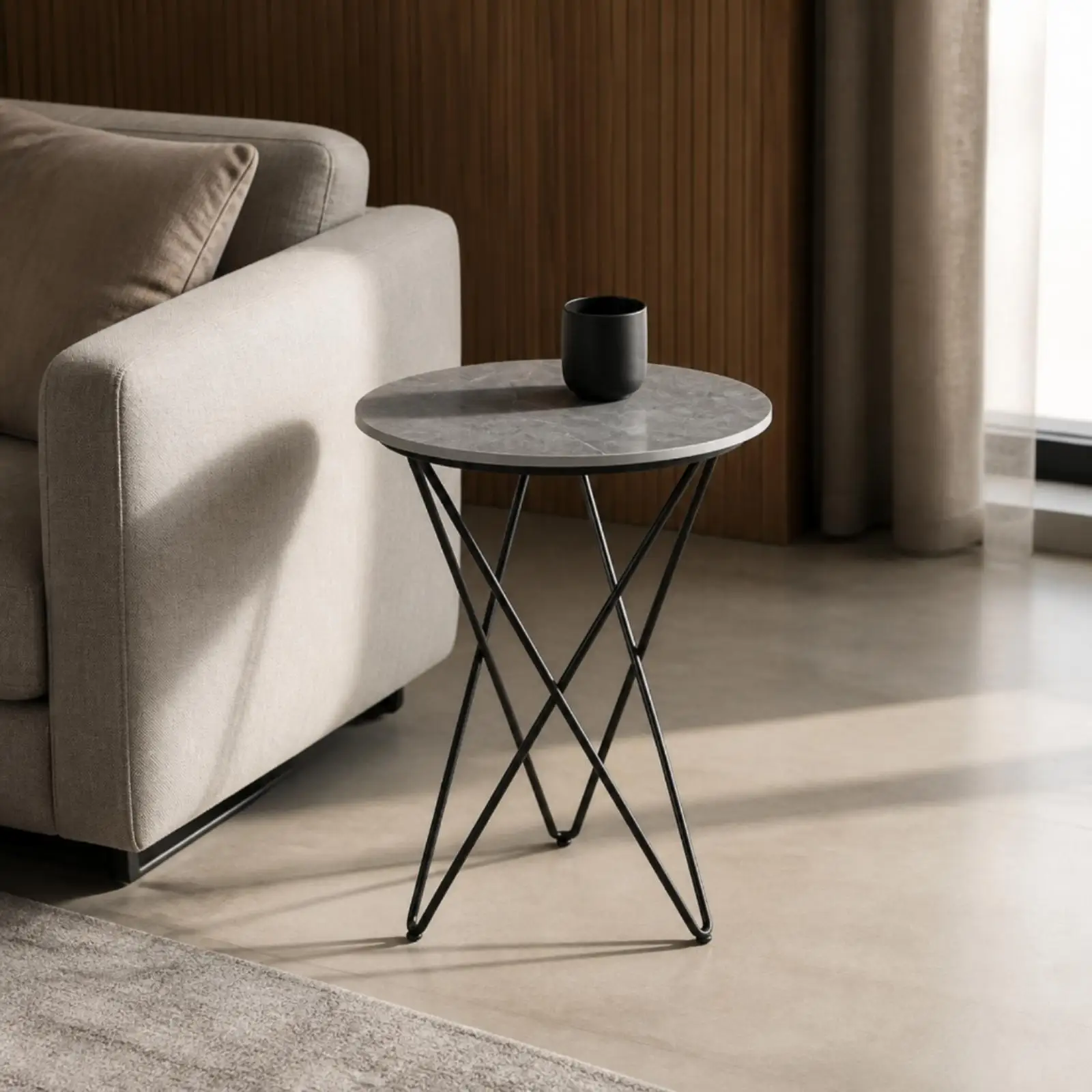 Round Side Table for Sofa with Sintered Stone Top and Carbon Steel Frame Compact Decor Table for Small Living Room Bedside Nook