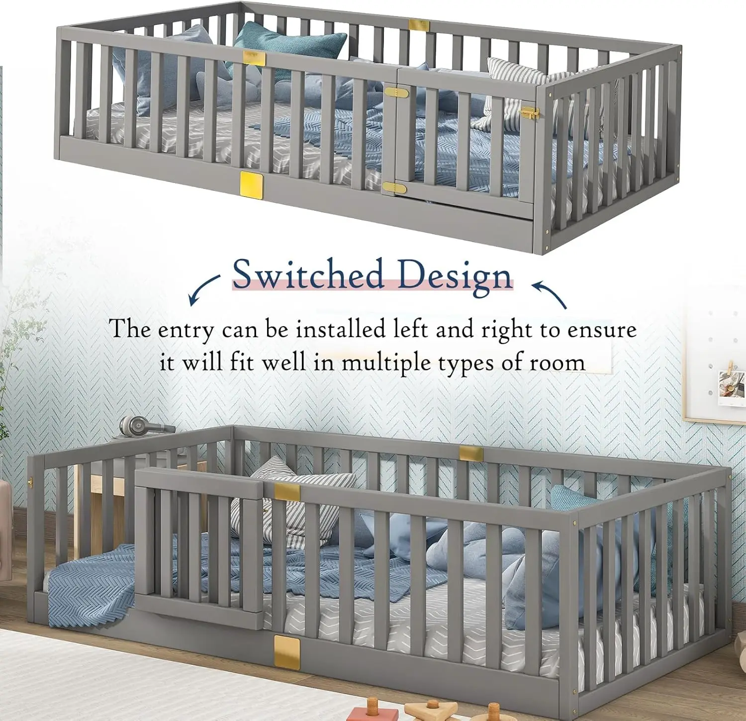 Montessori Twin Floor Bed with Safety Guardrails, Door Installs Left or Right - Grey Wood Frame