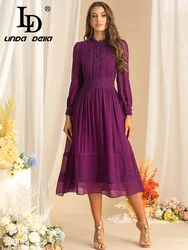 LD LINDA DELLA New style Autumn and Winter Dress Women's Long Sleeve High waist Lace Splicing Stand Collar Solid Color Dresses