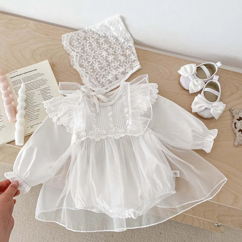 2024 New Spring Infant Baby Girl Bodysuits+Hat+Mesh Princess Dress Long Sleeved Cotton Solid Color Newborn Baby Girl Jumpsuit